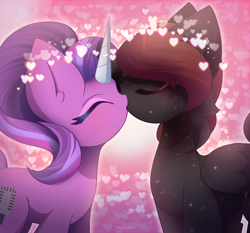 Size: 2250x2100 | Tagged: safe, artist:miryelis, oc, oc only, pegasus, pony, unicorn, blushing, commission, couple, eyes closed, heart, high res, horn, kissing, not starlight glimmer, short hair, simple background, standing, wings