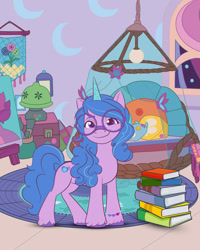 Size: 1080x1350 | Tagged: safe, izzy moonbow, pony, unicorn, g5, official, book, bracelet, cute, female, glasses, izzybetes, jewelry, mare, rug, smiling, solo, unshorn fetlocks