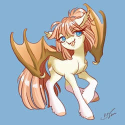 Size: 2400x2400 | Tagged: safe, artist:opalacorn, oc, oc only, oc:honey milk, bat pony, pony, bat pony oc, cute, cute little fangs, eyelashes, fangs, female, high res, looking at you, mare, signature, simple background, solo, spread wings, tongue out, wings