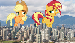 Size: 2600x1500 | Tagged: safe, artist:cloudy glow, artist:famousmari5, artist:theotterpony, applejack, sunset shimmer, earth pony, pony, unicorn, g4, applejack's hat, building, canada, city, cloud, cowboy hat, duo, female, freckles, giant pony, giant sunset shimmer, giant unicorn, giant/macro earth pony, giantess, hat, highrise ponies, irl, macro, mare, mega applejack, mega giant, open mouth, photo, ponies in real life, skyscraper, stetson, story in the source, story included, vancouver