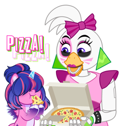 Size: 2000x2050 | Tagged: safe, artist:lunxaiponi, oc, oc:estella sparkle, alicorn, bird, chicken, pony, alicorn oc, animatronic, bow, broken horn, chica, commission, crossover, duo, ear piercing, earring, eating, female, five nights at freddy's, five nights at freddy's: security breach, food, hair bow, hair over eyes, high res, horn, jewelry, mare, markings, multicolored hair, offspring, parent:flash sentry, parent:twilight sparkle, parents:flashlight, piercing, pizza, pizza box, simple background, spiked wristband, unshorn fetlocks, white background, wings, wristband, ych result
