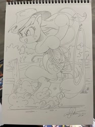 Size: 1536x2048 | Tagged: safe, artist:andy price, applejack, earth pony, pony, g4, :p, cowboy hat, female, fence, grayscale, hat, hoof hold, lasso, mare, monochrome, pencil drawing, rope, solo, tongue out, traditional art