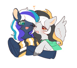 Size: 1089x961 | Tagged: safe, artist:dreamsugar, oc, oc only, oc:flaming dune, oc:storm cloud river's, pegasus, pony, blushing, bust, clothes, cute, duo, duo female, female, freckles, green eyes, happy, hug, looking at each other, looking at someone, mare, multicolored mane, oc x oc, one eye closed, open mouth, open smile, pegasus oc, scarf, shipping, simple background, smiling, smiling at each other, spread wings, striped scarf, white background, wings
