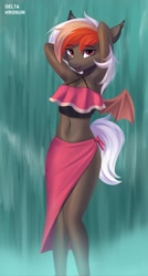 Size: 1095x2048 | Tagged: safe, artist:delta hronum, oc, oc:amaryllis, bat pony, anthro, clothes, solo, swimsuit, water, waterfall, waterfall shower