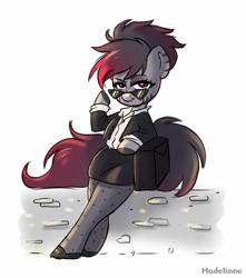 Size: 2420x2740 | Tagged: safe, artist:madelinne, oc, oc only, oc:madelinne, earth pony, semi-anthro, arm hooves, bipedal, bipedal leaning, button-up shirt, clothes, crossed legs, dress shirt, female, high res, leaning, lidded eyes, looking at you, pantyhose, raised eyebrow, shirt, shoes, simple background, skirt, solo, stone wall, sunglasses, white background