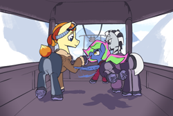 Size: 1500x1000 | Tagged: safe, artist:storyteller, oc, oc:iin, oc:omelette, oc:rowdy spout, earth pony, pegasus, pony, zebra, boots, clothes, goggles, jacket, mountain, open mouth, ponytail, shoes, smiling, snow, vehicle, winter outfit