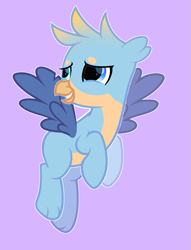 Size: 1237x1623 | Tagged: artist needed, source needed, safe, gallus, griffon, hybrid, g4, base used, blue eyes, ear fluff, floppy ears, hooves, purple background, simple background, smiling, solo
