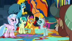 Size: 1279x720 | Tagged: safe, screencap, gallus, ocellus, sandbar, silverstream, smolder, yona, changedling, changeling, classical hippogriff, dragon, earth pony, griffon, hippogriff, pony, yak, g4, uprooted, student six