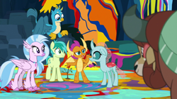 Size: 1278x719 | Tagged: safe, screencap, gallus, ocellus, sandbar, silverstream, smolder, yona, changedling, changeling, classical hippogriff, dragon, earth pony, griffon, hippogriff, pony, yak, g4, uprooted, student six