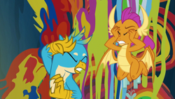 Size: 1279x720 | Tagged: safe, screencap, gallus, smolder, dragon, griffon, g4, uprooted, covering eyes, duo, eyes closed, reaction image