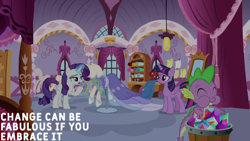 Size: 1920x1080 | Tagged: safe, edit, edited screencap, editor:quoterific, screencap, rarity, spike, twilight sparkle, alicorn, dragon, pony, unicorn, g4, the last problem, bucket, eating, eyes closed, female, gem, glowing, glowing horn, horn, magic, male, mare, open mouth, trio, twilight sparkle (alicorn), winged spike, wings