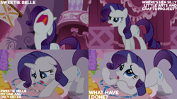 Size: 4400x2475 | Tagged: safe, edit, edited screencap, editor:quoterific, screencap, rarity, sweetie belle, pony, unicorn, g4, season 2, sisterhooves social, despair, drawing, eyeshadow, female, implied sweetie belle, makeup, mare, nose in the air, open mouth, sad, solo