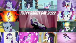 Size: 1972x1109 | Tagged: safe, edit, edited screencap, editor:quoterific, screencap, rarity, pony, unicorn, dragon dropped, dragon quest, dragonshy, fame and misfortune, friendship university, g4, honest apple, party pooped, rarity investigates, rarity takes manehattan, suited for success, sweet and elite, the crystalling, the saddle row review, angry, bipedal, bow, clothes, crown, eyes closed, glasses, glowing, glowing horn, grin, guitar, guitarity, hat, helmet, horn, jewelry, light, magic, magic aura, musical instrument, net, newspaper, open mouth, regalia, scarf, smiling, solo, twilight's castle
