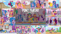 Size: 1978x1113 | Tagged: safe, edit, edited screencap, editor:quoterific, screencap, cloudpuff, hitch trailblazer, izzy moonbow, pipp petals, sunny starscout, zipp storm, dog, earth pony, flying pomeranian, pegasus, pomeranian, pony, unicorn, g5, my little pony: tell your tale, pony partay, spoiler:g5, spoiler:my little pony: tell your tale, spoiler:tyts01e25, alternate hairstyle, bag, balloon, beret, bracelet, cannon, coat markings, drink, drinking straw, female, flower, flower in hair, fluttershy's cutie mark, flying, friendship bracelet, frown, glass, glitter, glitter cannon, grin, hat, headband, helmet, jewelry, male, mane five, mane stripe sunny, mare, necktie, open mouth, open smile, party, rainbow dash's cutie mark, regalia, roller skates, saddle bag, smiling, smoothie, socks (coat markings), spread wings, stallion, sunglasses, surprise!, twilight sparkle's cutie mark, wall of tags, winged dog, wings