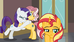 Size: 10014x5658 | Tagged: safe, artist:emeraldblast63, rarity, sunset shimmer, vignette valencia, earth pony, pony, unicorn, comic:the tale of two sunsets, g4, absurd resolution, equestria girls ponified, female, hug, mare, ponified, trio, trio female