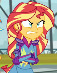 Size: 1436x1831 | Tagged: safe, screencap, sunset shimmer, human, equestria girls, g4, my little pony equestria girls: friendship games, angry, cropped, crossed arms, female, gritted teeth, solo, teeth