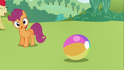 Size: 1366x768 | Tagged: safe, screencap, apple bloom, scootaloo, earth pony, pegasus, pony, g4, lesson zero, my little pony: friendship is magic, season 2, ball, cute, cutealoo, derp, duo, moments before disaster, playing, tongue out