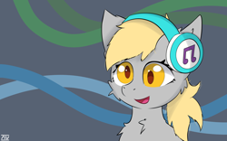 Size: 2796x1748 | Tagged: safe, artist:nyrikiri, derpibooru exclusive, derpy hooves, pegasus, pony, g4, bust, cheek fluff, chest fluff, female, fluffy, headphones, high res, mare, open mouth, simple background, smiling, solo