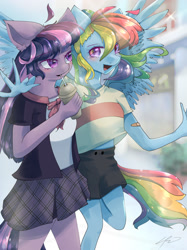 Size: 1280x1707 | Tagged: safe, artist:fangedfurry, rainbow dash, twilight sparkle, pegasus, unicorn, anthro, g4, clothes, duo, female, lesbian, mall, ship:twidash, shipping, shirt, shorts, skirt, slushie, unicorn twilight