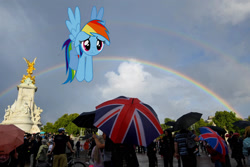 Size: 2500x1667 | Tagged: safe, artist:masem, artist:mlpfan3991, rainbow dash, human, pegasus, pony, g4, buckingham palace, death of queen elizabeth ii, double rainbow, england, graveyard of comments, high res, irl, irl human, london, photo, ponies in real life, queen elizabeth ii, rainbow, rest in peace, sad, solo, united kingdom, vector