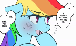Size: 1600x974 | Tagged: safe, artist:rirurirue, rainbow dash, pegasus, pony, g4, blushing, dialogue, drawthread, emanata, female, floppy ears, looking away, mare, open mouth, ponified, ponified manga, requested art, simple background, solo, speech bubble, sweat, sweatdrop, talking to viewer, tsunderainbow, tsundere, white background