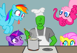 Size: 2942x2026 | Tagged: safe, artist:anonymous, fluttershy, pinkie pie, rainbow dash, twilight sparkle, oc, oc:anon, earth pony, human, pegasus, pony, g4, cooking, drawthread, female, high res, human male, male, mare, requested art, tongue out