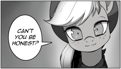 Size: 2705x1535 | Tagged: safe, artist:anonymous, applejack, earth pony, pony, g4, bandana, cute, dialogue, drawthread, female, high res, jackabetes, manga, mare, monochrome, ponified, ponified manga, requested art, solo, speech bubble, talking to viewer, verndio surreal sword saga