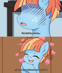 Size: 1400x1628 | Tagged: safe, artist:anonymous, windy whistles, pegasus, pony, g4, 2 panel comic, anime, anime reference, blushing, comic, dialogue, drawthread, female, floating heart, heart, mare, ponified, requested art, solo, the helpful fox senko-san