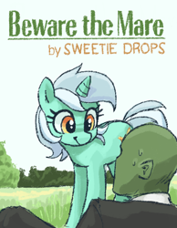 Size: 386x498 | Tagged: safe, artist:plunger, lyra heartstrings, oc, oc:anon, human, pony, unicorn, g4, drawthread, female, human male, human oc, looking at each other, looking at someone, male, mare, ponified, requested art, smiling, sweat, text