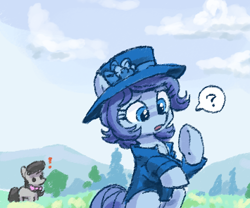 Size: 355x295 | Tagged: safe, artist:plunger, octavia melody, earth pony, pony, g4, afterlife, clothes, confused, death of queen elizabeth ii, drawthread, duo, exclamation point, female, hat, jacket, mare, ponified, queen elizabeth ii, requested art