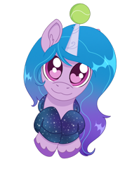 Size: 1008x1344 | Tagged: safe, artist:dyonys, derpibooru exclusive, izzy moonbow, pony, unicorn, g5, :3, ball, clothes, cute, female, gradient mane, hoodie, izzy's tennis ball, izzybetes, mare, simple background, solo, tennis ball, transparent background, unshorn fetlocks, wingding eyes