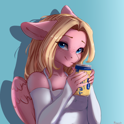 Size: 3982x4000 | Tagged: safe, artist:miokomata, oc, oc only, oc:mio, pegasus, anthro, bare shoulders, can, drink, female, floppy ears, freckles, gradient background, high res, ice tea, looking at you, mare, signature, smiling, smiling at you, solo