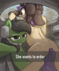 Size: 2500x3000 | Tagged: safe, artist:t72b, oc, oc only, oc:filly anon, oc:tenk pone, earth pony, pony, binoculars, butt, female, filly, hat, he wants to order, headset, helmet, hoof hold, lidded eyes, looking at you, mare, meme, microphone, open mouth, plot, selfie, sitting, smiling, tank (vehicle), text