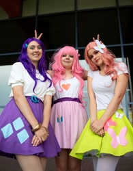 Size: 1688x2160 | Tagged: safe, artist:mauscosplay, fluttershy, pinkie pie, rarity, human, equestria girls, g4, clothes, cosplay, costume, cutie mark on clothes, irl, irl human, photo, trio