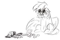 Size: 1040x692 | Tagged: safe, artist:nire, rainbow dash, pegasus, pony, g4, black and white, chicken meat, chicken nugget, crying, drink, floppy ears, food, french fries, grayscale, meat, monochrome, runny nose, simple background, sitting, solo, spill, spilled drink, white background