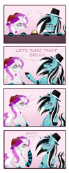Size: 1980x4932 | Tagged: safe, artist:ruby gilbert, oc, oc only, oc:med, oc:purapoint, earth pony, pony, unicorn, comic:thebell, bell, comic, cute, earth pony oc, glasses, happy, hat, horn, speech bubble, tail, tail wag, top hat, unicorn oc, wholesome
