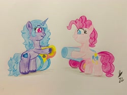 Size: 4032x3024 | Tagged: safe, artist:jesslmc16, izzy moonbow, pinkie pie, earth pony, pony, unicorn, g5, my little pony: tell your tale, cannon, colored, colored pencil drawing, glitter cannon, party cannon, sketchbook, traditional art