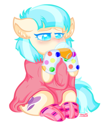 Size: 1067x1296 | Tagged: safe, artist:vanillaswirl6, coco pommel, earth pony, pony, g4, blanket, clothes, cocobetes, cute, drinking, ear fluff, female, floppy ears, juice, mare, orange juice, sick, simple background, socks, solo, transparent background