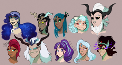 Size: 1356x726 | Tagged: safe, artist:kutapikakun, cozy glow, discord, king sombra, lord tirek, nightmare moon, queen chrysalis, starlight glimmer, storm king, tempest shadow, trixie, human, g4, my little pony: the movie, antagonist, bust, elf ears, eye scar, facial scar, female, forehead jewel, grin, horn, horned humanization, humanized, male, portrait, s5 starlight, scar, simple background, smiling