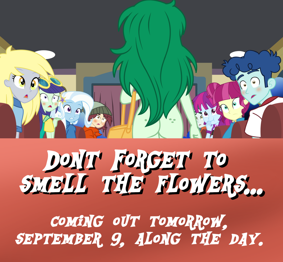 2944017 - suggestive, artist:succubi samus, blueberry cake, curly winds,  derpy hooves, majorette, mystery mint, normal norman, some blue guy,  sweeten sour, trixie, wallflower blush, human, comic:flowering desires,  equestria girls, g4, ass, audience,