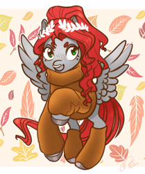 Size: 2509x3000 | Tagged: safe, artist:opalacorn, oc, oc only, oc:void, pegasus, pony, autumn, clothes, falling leaves, female, high res, laurel wreath, leaf, leaves, leg warmers, mare, nose piercing, nose ring, piercing, raised hoof, smiling, solo, spread wings, sweater, turtleneck, wings