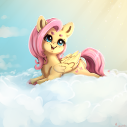 Size: 4000x4000 | Tagged: safe, artist:miokomata, fluttershy, pegasus, pony, g4, absurd resolution, beanbrows, cloud, cute, daaaaaaaaaaaw, eyebrows, female, freckles, freckleshy, happy, looking up, lying down, lying on a cloud, mare, on a cloud, open mouth, open smile, prone, shyabetes, smiling, solo, sploot, weapons-grade cute