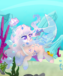 Size: 2464x2960 | Tagged: safe, artist:interstellar-quartz, oc, oc only, fish, hybrid, merpony, pony, art trade, base used, bubble, coral, crown, digital art, eyelashes, female, fish tail, flowing mane, high res, jewelry, mare, ocean, purple eyes, regalia, rock, seaweed, smiling, solo, swimming, tail, teeth, underwater, water