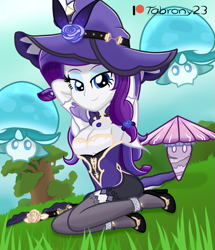 Size: 1137x1324 | Tagged: safe, artist:tabrony23, rarity, human, equestria girls, g4, arm behind head, bedroom eyes, breasts, busty rarity, clothes, cosplay, costume, cute, female, floating hydro fungus (genshin impact), fungus, genshin impact, gloves, hat, high heels, lisa (genshin impact), looking at you, patreon, patreon logo, sexy, shoes, show accurate, signature, sitting, smiling, smiling at you, solo, whirling electro fungus (genshin impact), witch hat