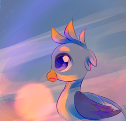 Size: 539x518 | Tagged: safe, artist:lanlanlc, gallus, griffon, g4, alone, cloud, cloudy, eye reflection, faraway, folded wings, lonely, looking at something, male, reflection, sky, solo, sun, sunset, wings, younger