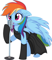 Size: 6262x7165 | Tagged: safe, artist:cyanlightning, rainbow dash, pegasus, pony, g4, .svg available, absurd resolution, clothes, dress, evening gloves, female, gloves, long gloves, mare, microphone, rainbow dash always dresses in style, simple background, singing, smiling, solo, transparent background, vector