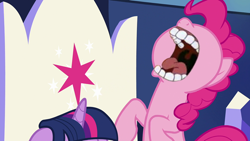 Size: 640x360 | Tagged: safe, edit, edited screencap, screencap, pinkie pie, twilight sparkle, alicorn, earth pony, pony, g4, season 9, the beginning of the end, abomination, creepy, cursed image, drew pickles, duo, faic, female, mare, mawshot, nightmare fuel, nose in the air, not salmon, not what it looks like, open mouth, out of context, rugrats, screaming, teeth, tongue out, twilight sparkle (alicorn), twilight's castle, uvula, volumetric mouth, wat, why, wtf, yelling