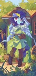 Size: 1936x4096 | Tagged: safe, artist:saxopi, oc, oc only, oc:blue angel, pegasus, semi-anthro, arm hooves, clothes, hammer, hat, high res, looking at you, outdoors, plant, smiling, smiling at you, solo, spade, wings