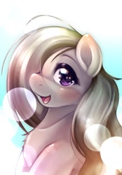 Size: 714x1024 | Tagged: safe, artist:kurogewapony, marble pie, earth pony, pony, g4, abstract background, blushing, bust, cute, female, hair over one eye, lens flare, looking at you, marblebetes, mare, open mouth, open smile, portrait, simple background, smiling, smiling at you, solo, white background