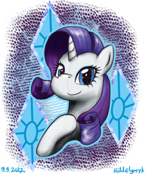 Size: 1000x1200 | Tagged: safe, artist:hiddelgreyk, rarity, pony, unicorn, g4, bust, cutie mark, cutie mark background, hoof on chest, looking at you, rarity day, simple background, solo, transparent background